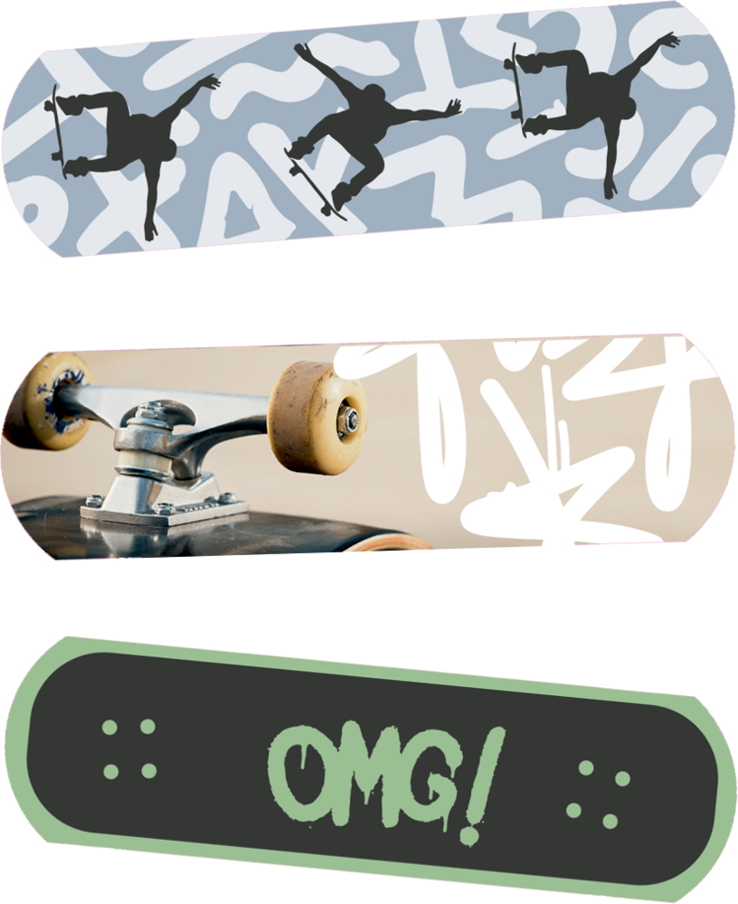Drei Pflasterstreifen: einer mit Skatern, einer mit einem Rad in Nahaufnahme und einer mit der grünen Schrift „OMG!“.