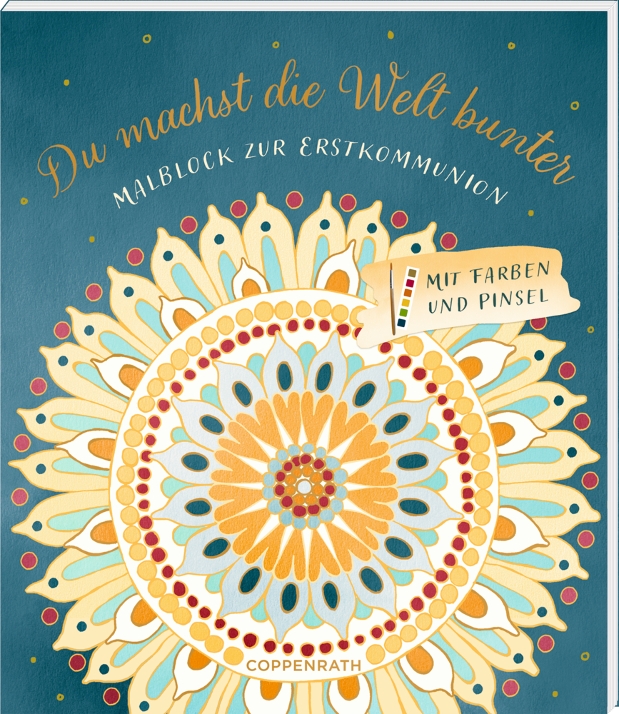 Buntes Mandala auf blaugrünem Hintergrund mit  Text über ein Malbuch zur Erstkommunion.