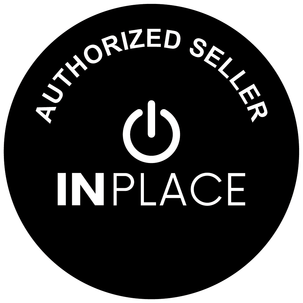 Schwarzes rundes Logo mit weißem Schriftzug „AUTHORIZED SELLER INPLACE“ und Power-Symbol in der Mitte.