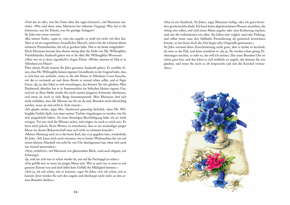 Buchcover Sinn und Sinnlichkeit mit violetten Blumen, goldenen Details und lavendelfarbenem ovalem Rahmen.