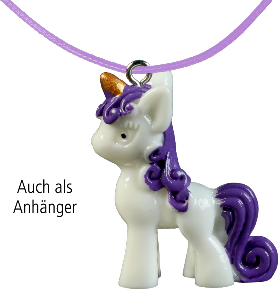 Kette mit Anhänger in Form eines weißen Einhorns mit goldfarbenem Horn und lilafarbener Mähne.