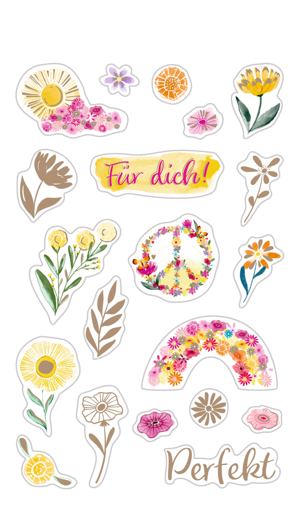Mehrere bunte Blumenaufkleber, ein Peace-Zeichen, die Wörter Für dich! und Perfekt! auf weißem Hintergrund.