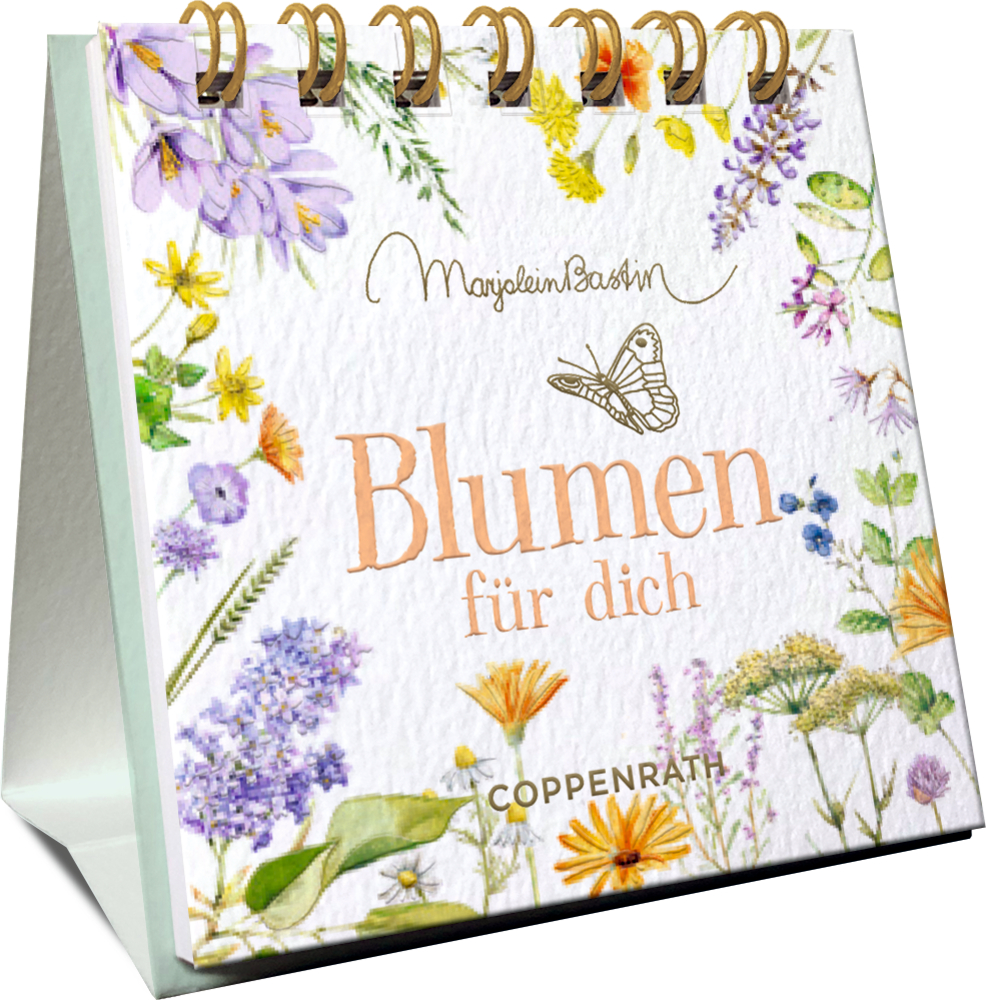 "Blumen für dich" auf dem Cover von einem Spiralaufsteller mit farbenfrohen Blumen- und Schmetterlingsillustrationen.