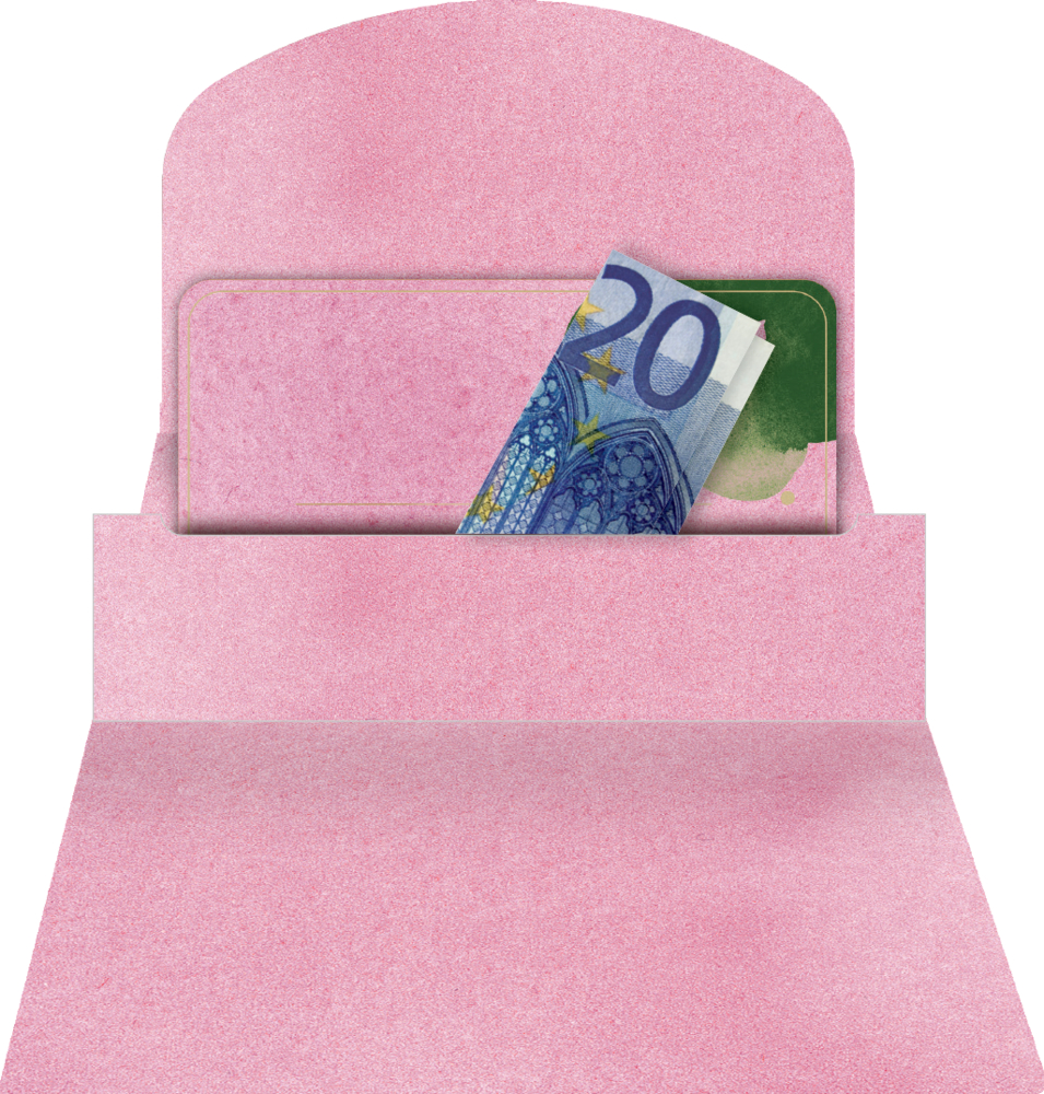 Offener rosa Umschlag mit einer 20-Euro-Banknote und einer grünen Karte darin.