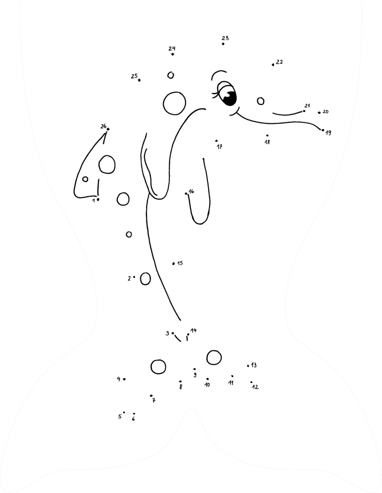 Punkt-zu-Punkt-Delfinzeichnung auf einer Seite mit nummerierten Punkten und einer teilweise gezeichneten Delfinumrisslinie.
