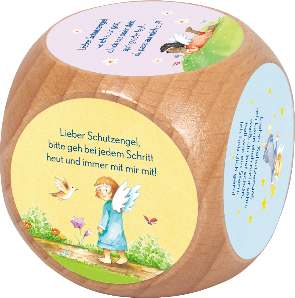 Gebetswürfel aus Holz mit Gebeten und Abbildungen von Engeln und Kindern auf jeder Seite.