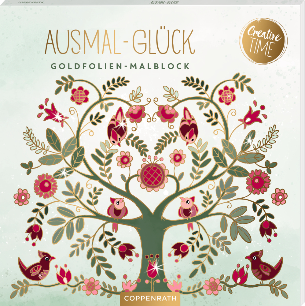 Illustrierter Baum mit goldenen Akzenten, roten Blüten, Vögeln; darüber der Titel „Ausmal-Glück“ und „Creative time“.
