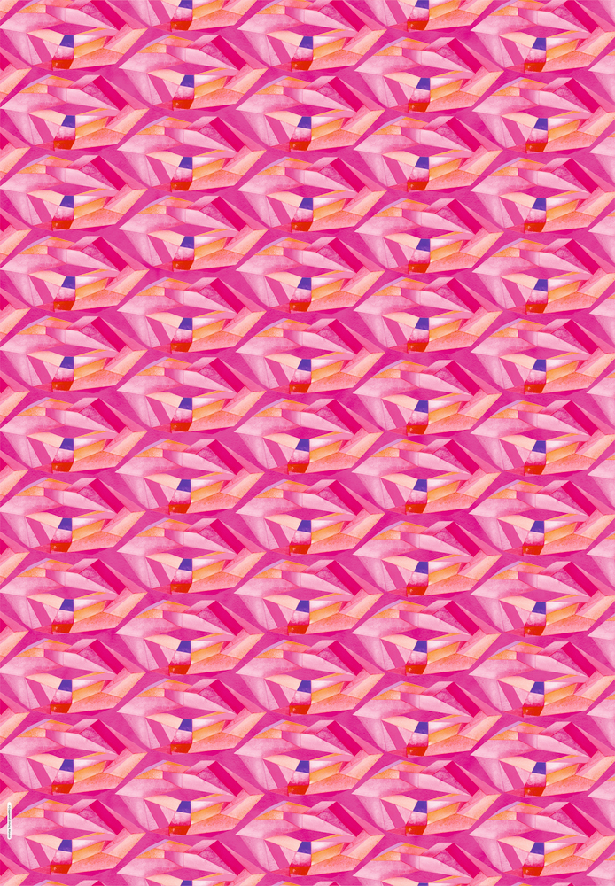 Geometrisches Muster aus rosa, roten und orangefarbenen Winkeln, das einen lebendigen, abstrakten Hintergrund erzeugt.