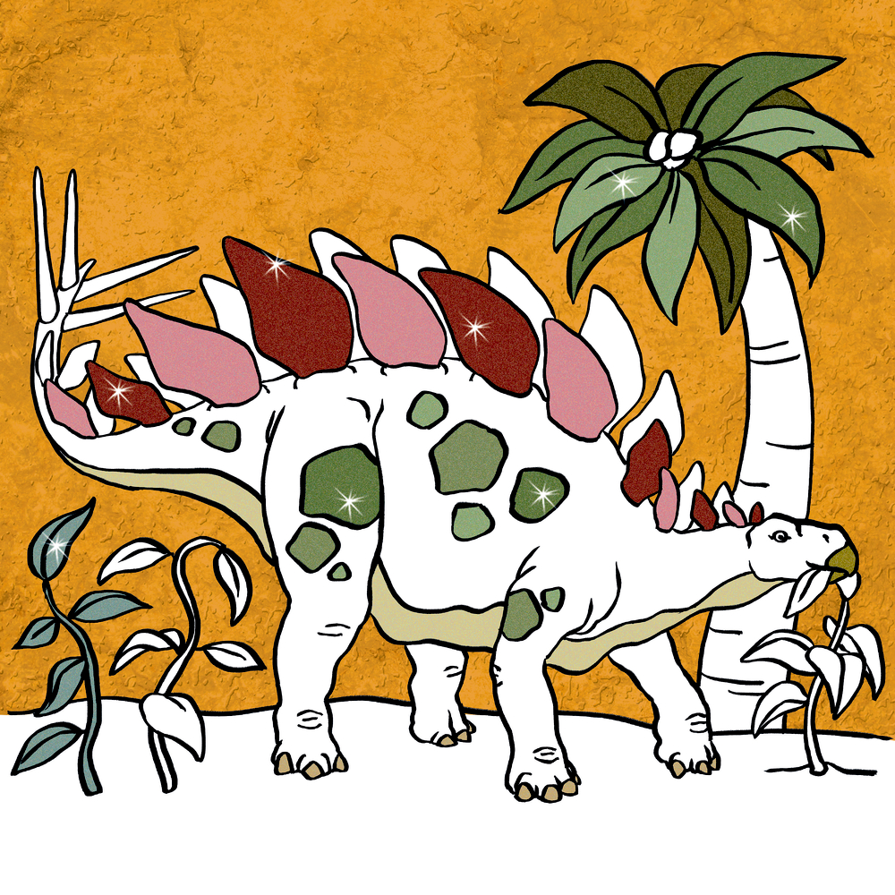 Innenabbildung eines Malblocks mit halb ausgemaltem Stegosaurus und Palme.