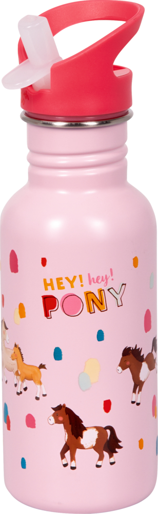 Rosa Wasserflasche mit pinkem Deckel, Strohhalm, Pony-Illustrationen und dem Text „HEY! Hey! PONY“.