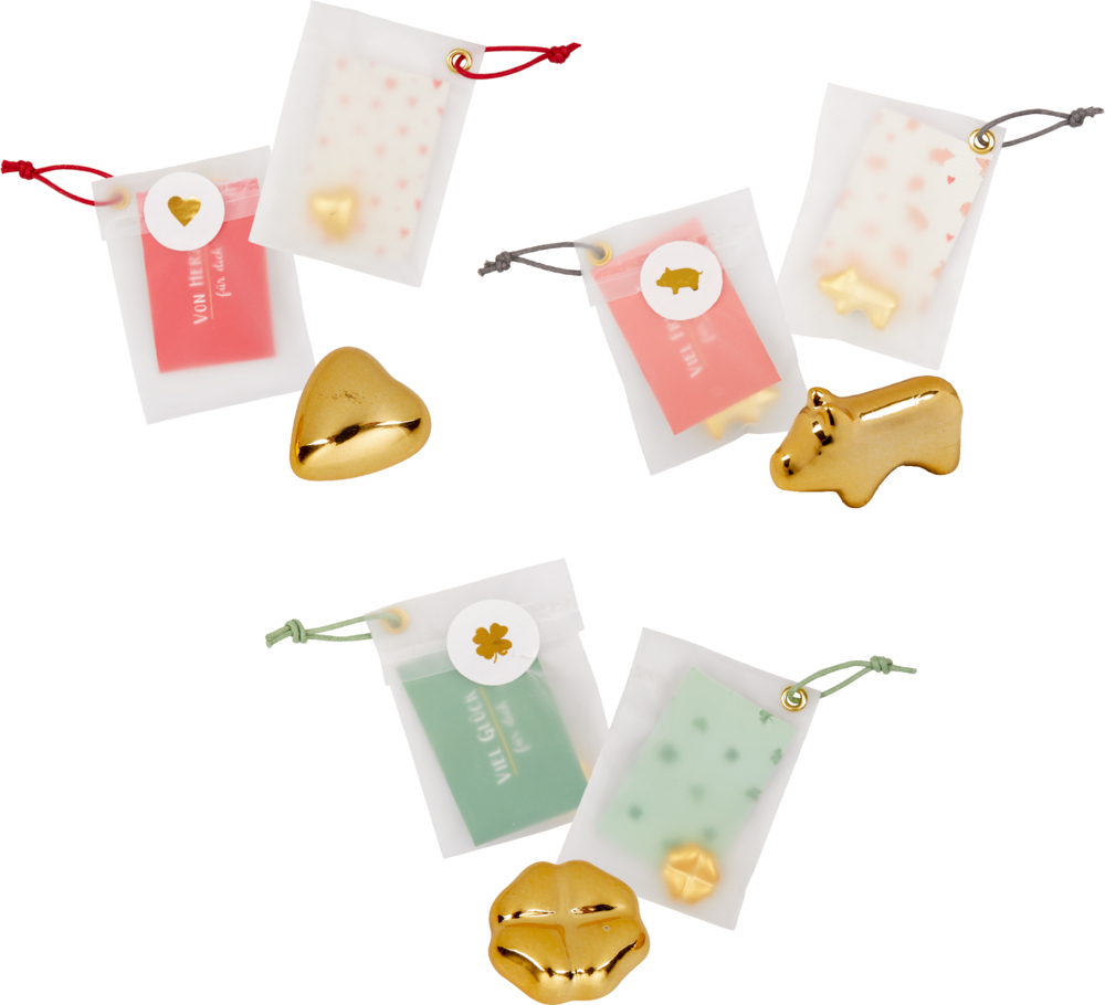 Sechs durchsichtige Beutel mit roten Schlaufen. Darin sind goldene Glückssymbole und farbige Kärtchen zu sehen.