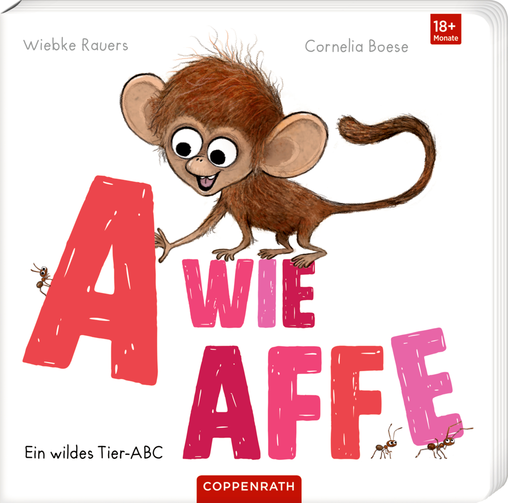 Eine Illustration zeigt einen fröhlichen Affen mit großen Ohren, Ameisen und buntem Text A wie Affe auf weißem Hintergrund.