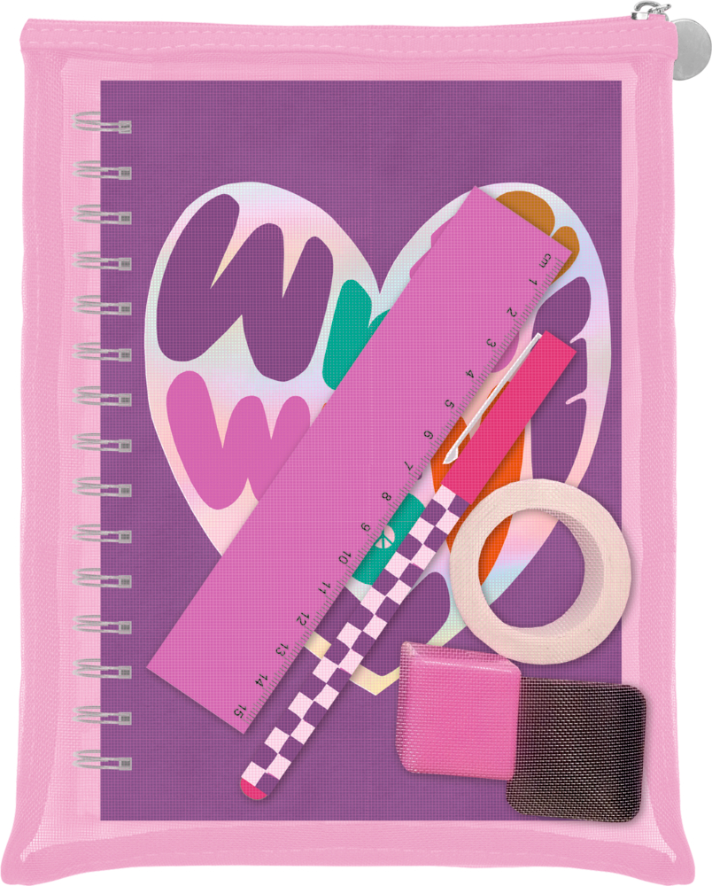 Rosafarbene Tasche mit Reißverschluss, die ein Notizbuch, zwei Lineale, Klebeband und zwei kleine Innentaschen enthält.