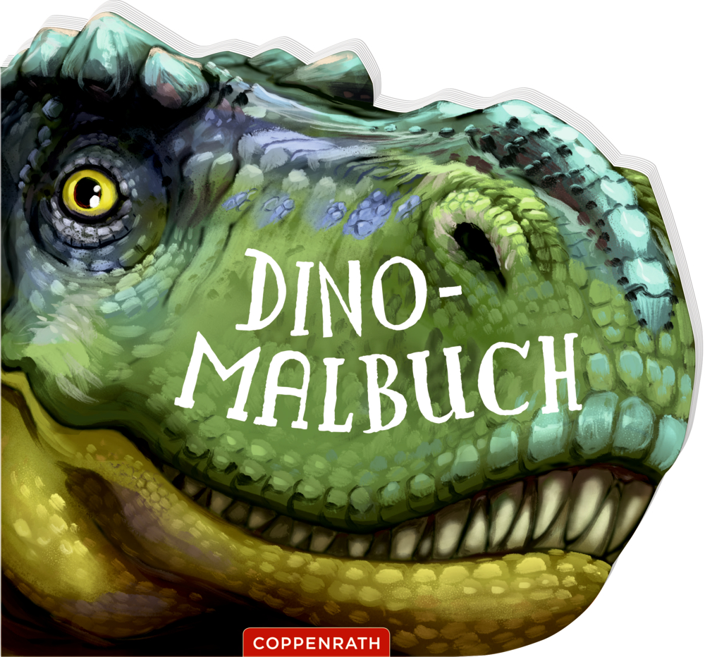 Illustration eines grünen Dinosaurierkopfes mit der Aufschrift „Dino-Malbuch“ auf dem Cover.