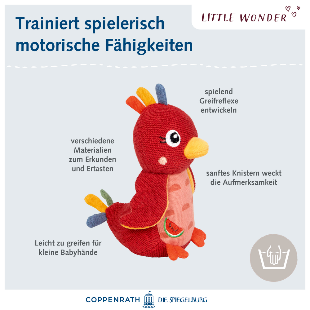 Plüsch-Vogelspielzeug mit bunten Details fördert spielerisch die Motorik von Babys.