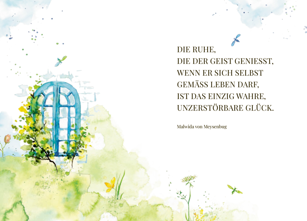 Aquarell eines blauen Bogenfensters im Grünen, daneben ein  Zitat über Frieden und Glück, auf einer Doppelseite.