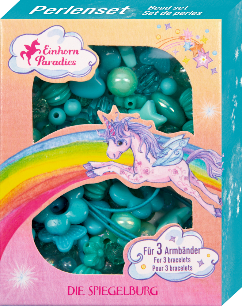 Perlenset-Box mit Einhorn, Regenbogen und Sternen zum Herstellen von 3 bunten Armbändern.