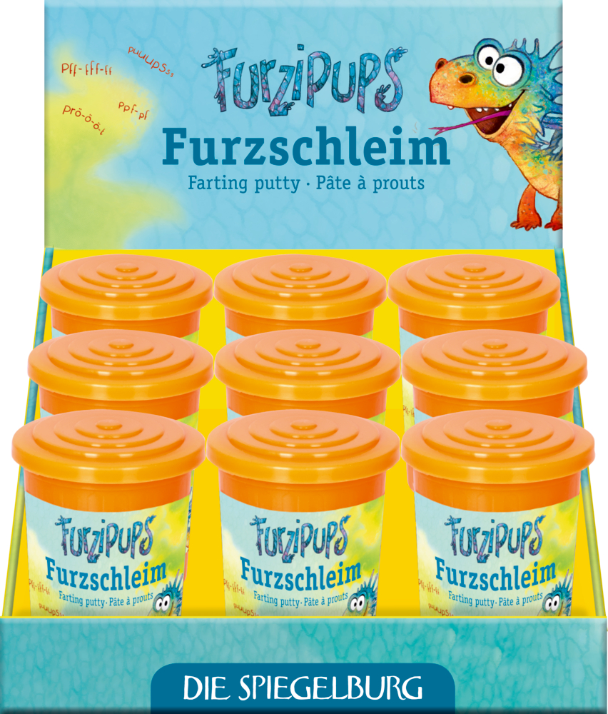 Papp-Display mit einer Drachenfigur und 9 orangefarbenen Plastikbehältern.
