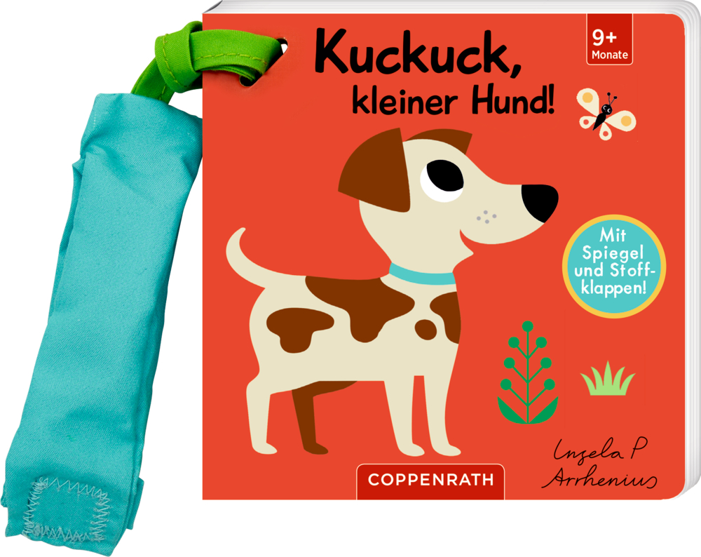 Rotes Babybuch mit einer lächelnden Hundeillustration und dem Titel „Kuckuck, kleiner Hund!“ auf dem Cover.