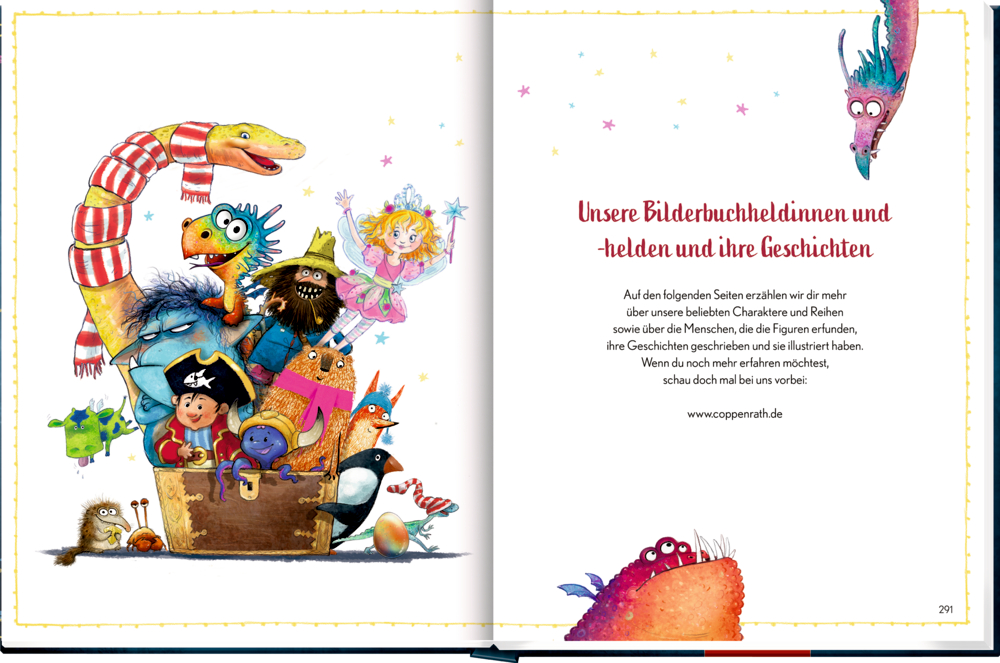 Bunte Fantasiefiguren, darunter Pirat, Fee und Drachen, um eine geöffnete Schatzkiste auf weißem Hintergrund gruppiert.