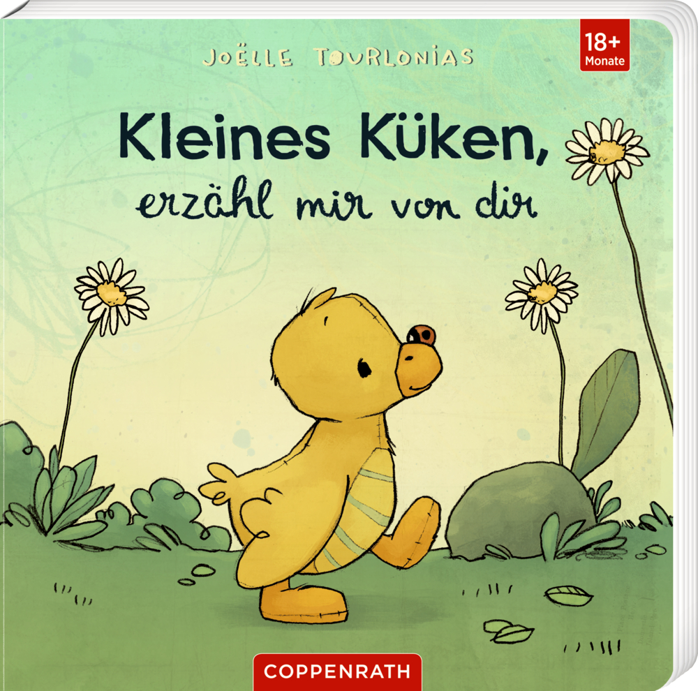 Gelbes Entlein läuft über eine Wiese mit Blumen, auf dem Cover von Kleines Küken, erzähl mir von dir"","