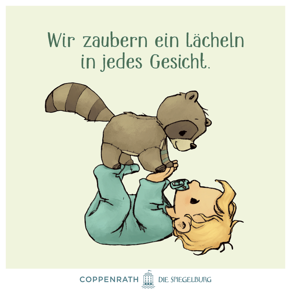 Ein auf dem Rücken liegendes, gezeichnetes Kind hebt einen Waschbären in die Luft, beide grinsen glücklich.