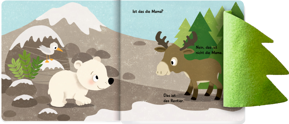 Illustration mit einem Eisbärenjungen, Bergen und Schnee und einem Rentier, das hinter einer Filztanne zum Vorschein kommt.