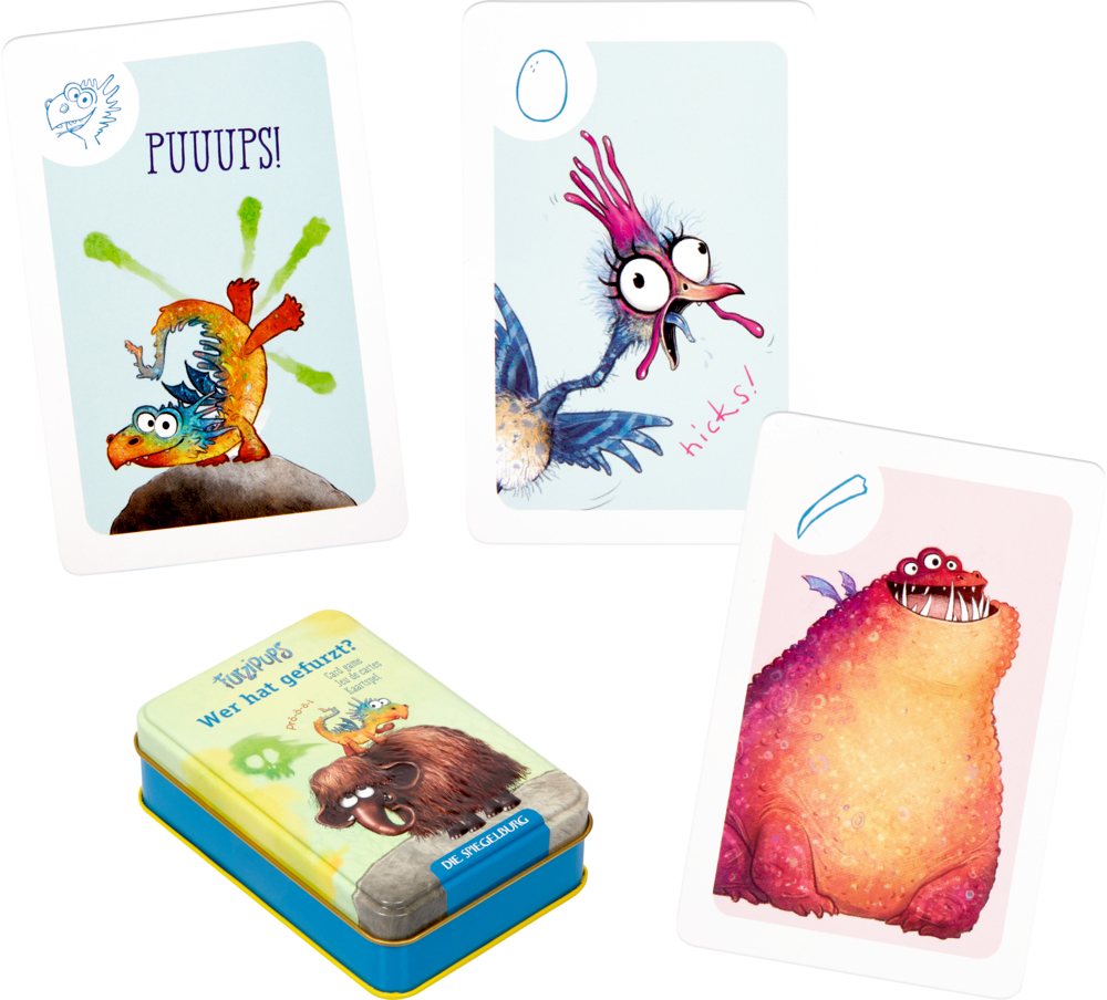Drei illustrierte Monsterkarten und eine Blechdose mit verspielter Monsterkunst, alles aus einem lustigen Kartenspielset.