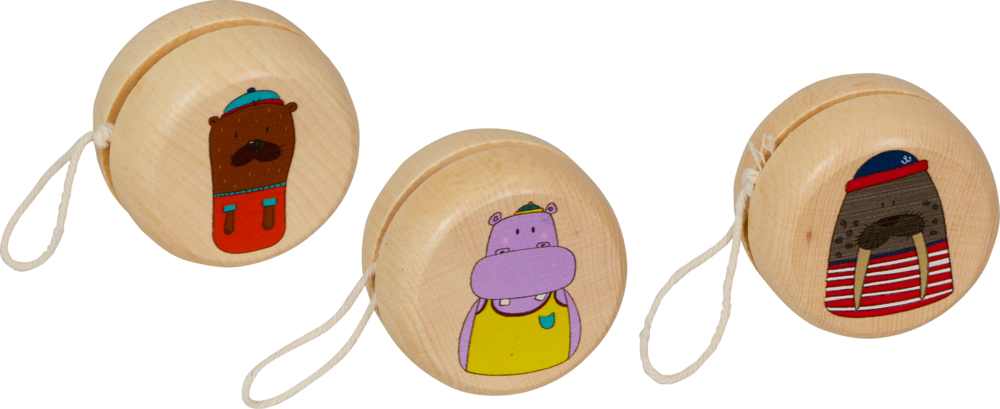3 hölzerne Jo-Jos mit Schnüren, jedes mit einer anderen Tierillustration: Bär, Nilpferd und Walross.