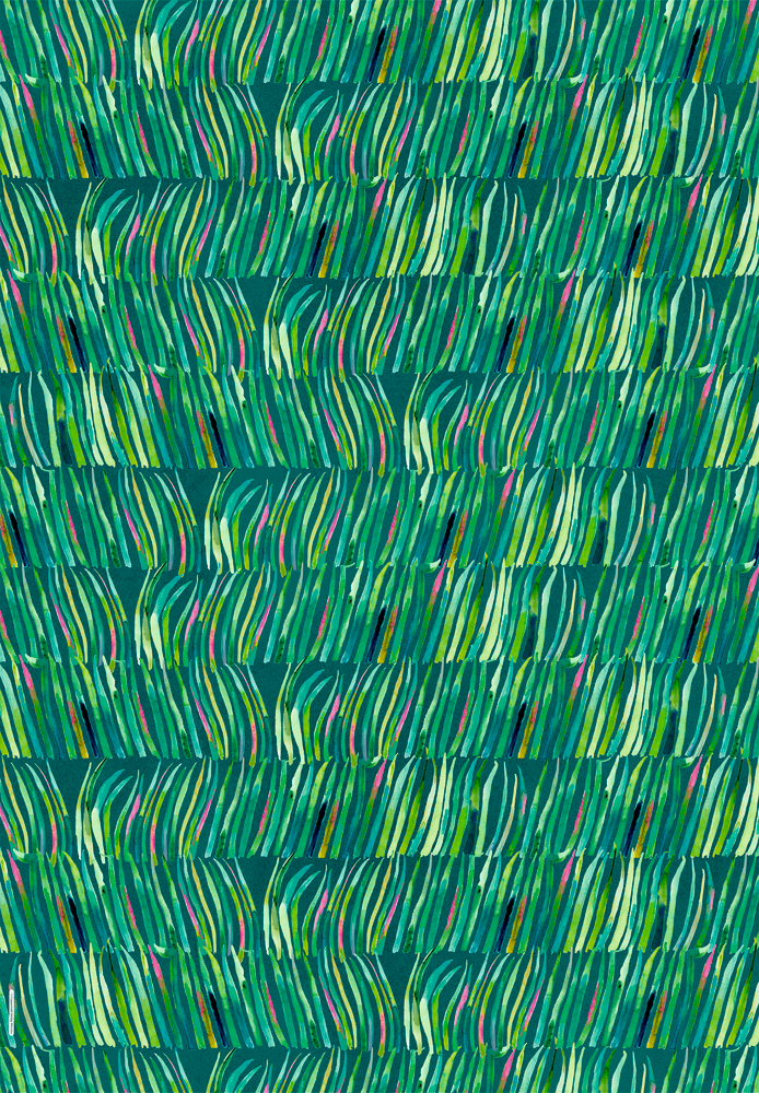 Grüne und gelbe gebogene Linien mit etwas Pink und Blau, schichtenartig angeordnet.