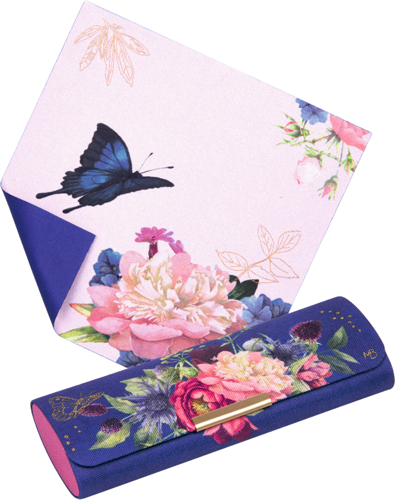 Blaues Etui mit Blumendruck und goldfarbenem Verschluss, daneben Tuch mit Blumen- und Schmetterlingsmotiv.