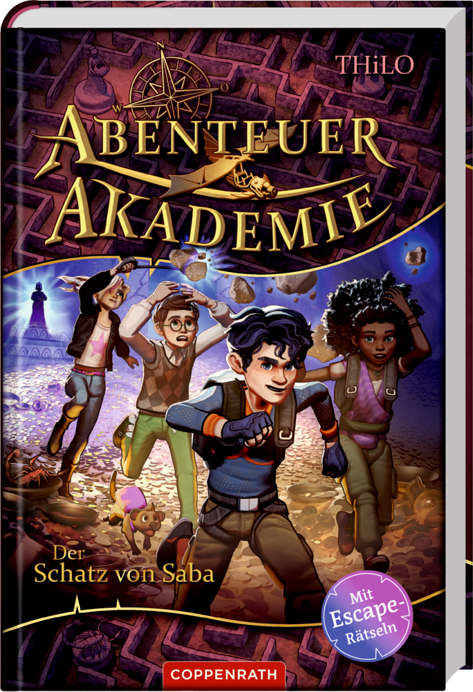 Buchcover mit vier gezeichneten Kinderfiguren, die mit einem Hund über einen goldenen Schatz rennen, im Hintergrund ist ein Labyrinth zu sehen.