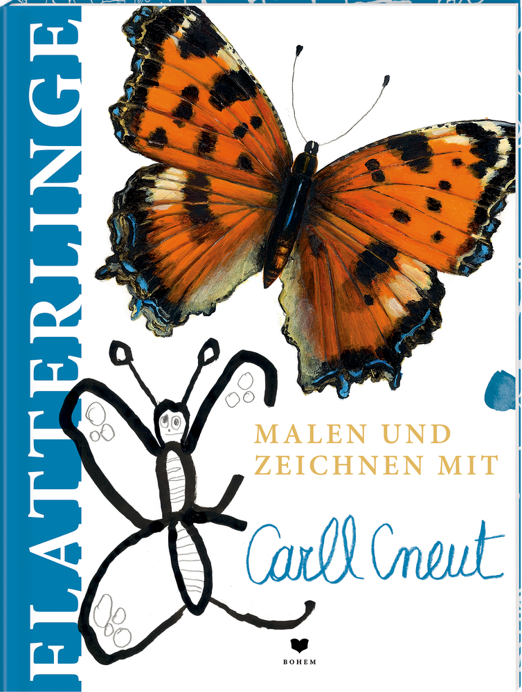 Ein Schmetterlingsfoto über einer Schmetterlingszeichnung eines Kindes mit Text „Carll Cneut“ auf dem Cover.