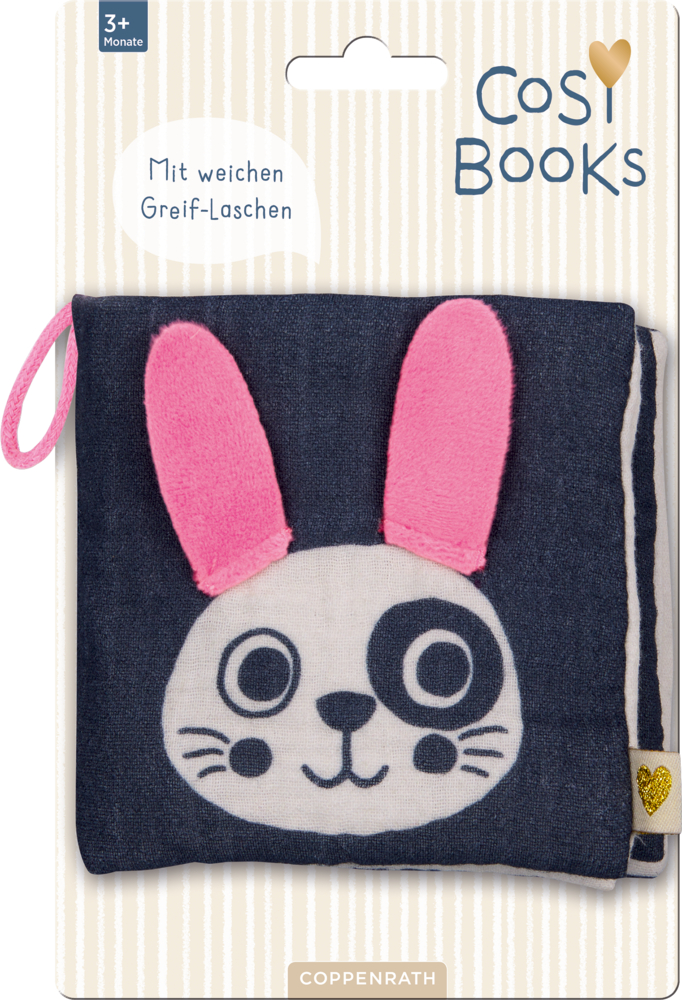 Stoffbuch mit Hasengesicht auf schwarzem Hintergrund, Verpackung mit Aufdruck „Mit weichen Greif-Laschen“.