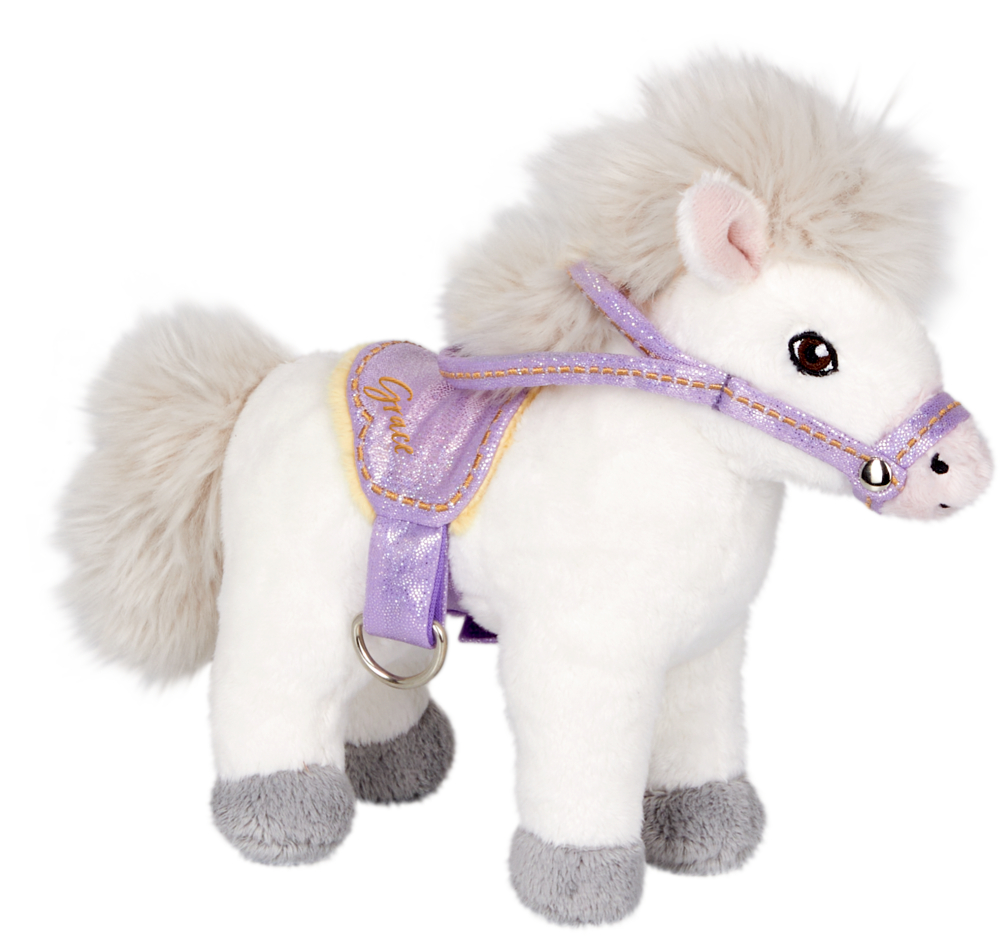 Weißes Plüschpony mit flauschiger Mähne, lila Geschirr und Sattel.