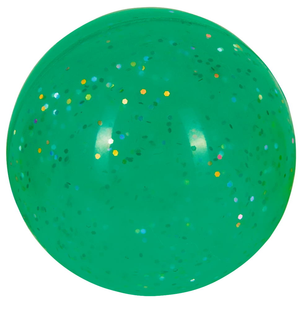 Grüner Flummi mit bunten Glitzerpartikeln im Inneren, präsentiert vor einem weißen Hintergrund.