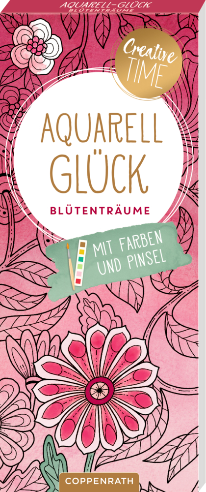 Rosa Bucheinband mit Aquarellblumen,  Text und Pinselillustration auf rosa Hintergrund.