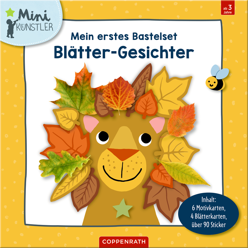 Bastelset-Cover mit Löwengesicht aus bunten Herbstblättern, gelbem Rahmen und Biene, Text „Mein erstes Bastelset Blätter-Gesichter“.