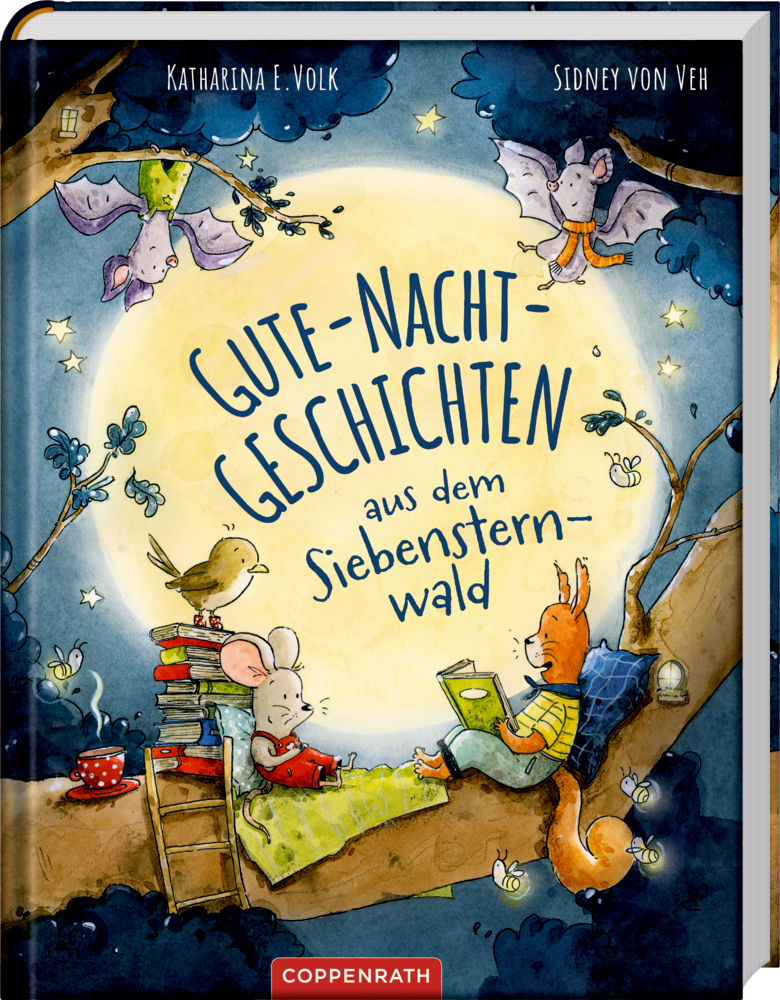Tiere sitzen bei Nacht in einem Baum und lesen Bücher. Im Hintergrund ein großer Mond und viele Sterne.
