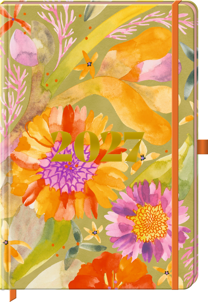 2027 Planer mit orangefarbenen, gelben und lila Blumen auf dem Cover, orangefarbener Gummibandverschluss.