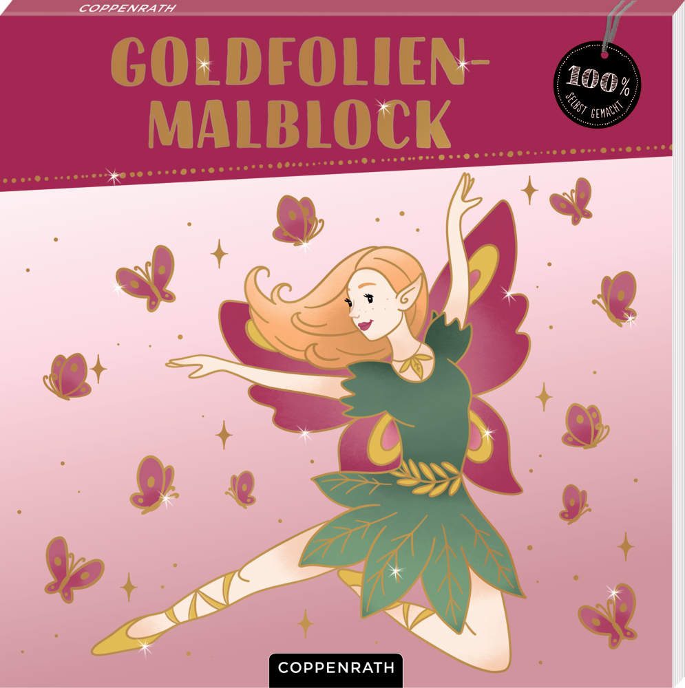 Malblock-Cover mit Illustration einer tanzenden Fee mit rosa Flügeln und grünem Kleid, umgeben von goldenen Schmetterlingen auf rosafarbenem Hintergrund.