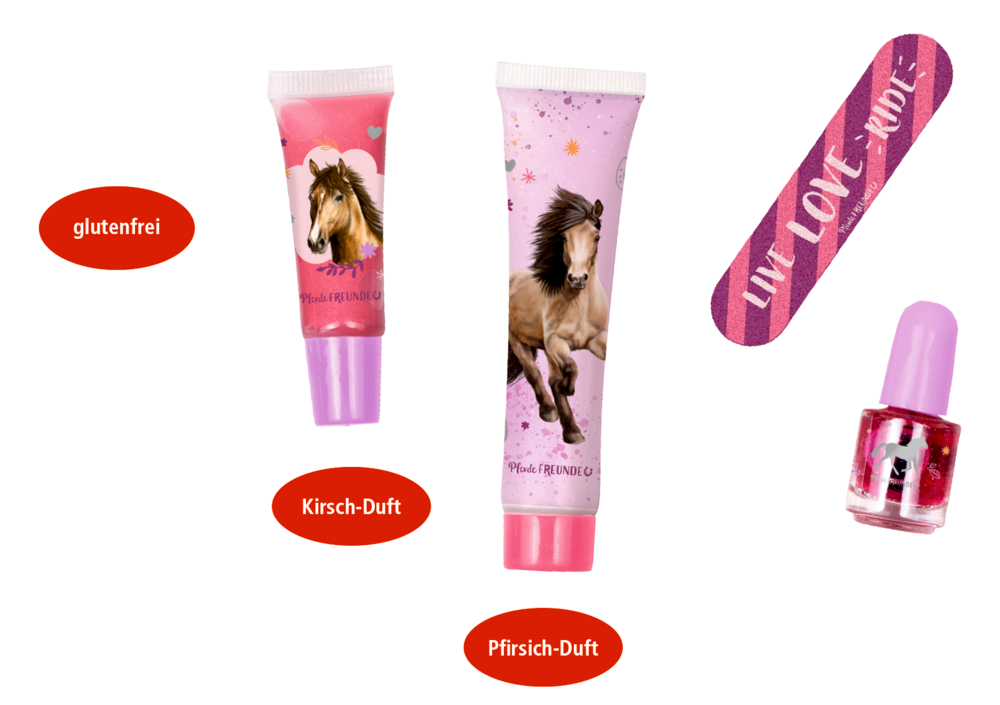 Rosafarbenes Kinderkosmetikset mit Pferdemotiven: Enthält Lipgloss, Handcreme, Nagellack und eine Nagelfeile.