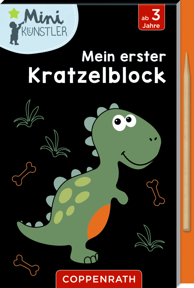 Kinder-Kratzelblock mit Dino-Illustration auf schwarzem Untergrund.