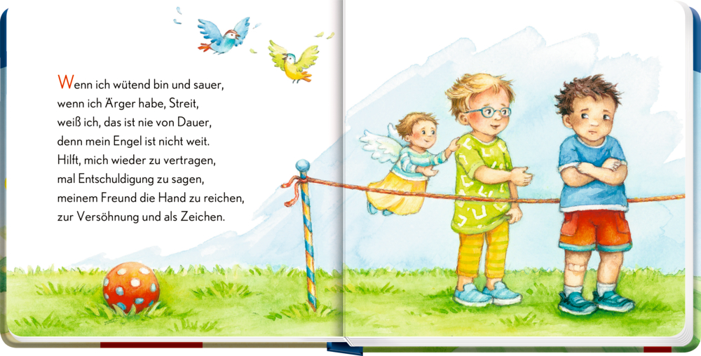 Innenansicht mit deutschem Text, draußen stehen zwei Kinder, eines bietet eine Hand an, ermutigt von einem Engel, das andere steht mit verschränkten Armen da.