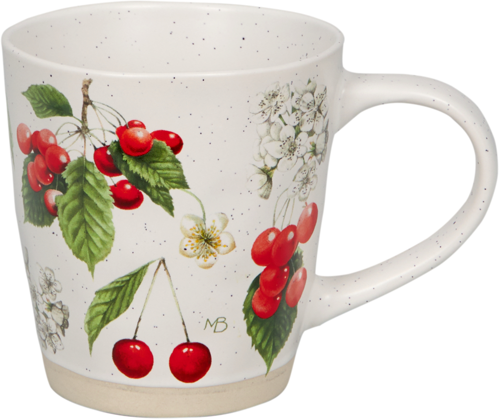 Weiße Keramiktasse mit Kirschabbildungen, grünen Blättern und weißen Blüten.