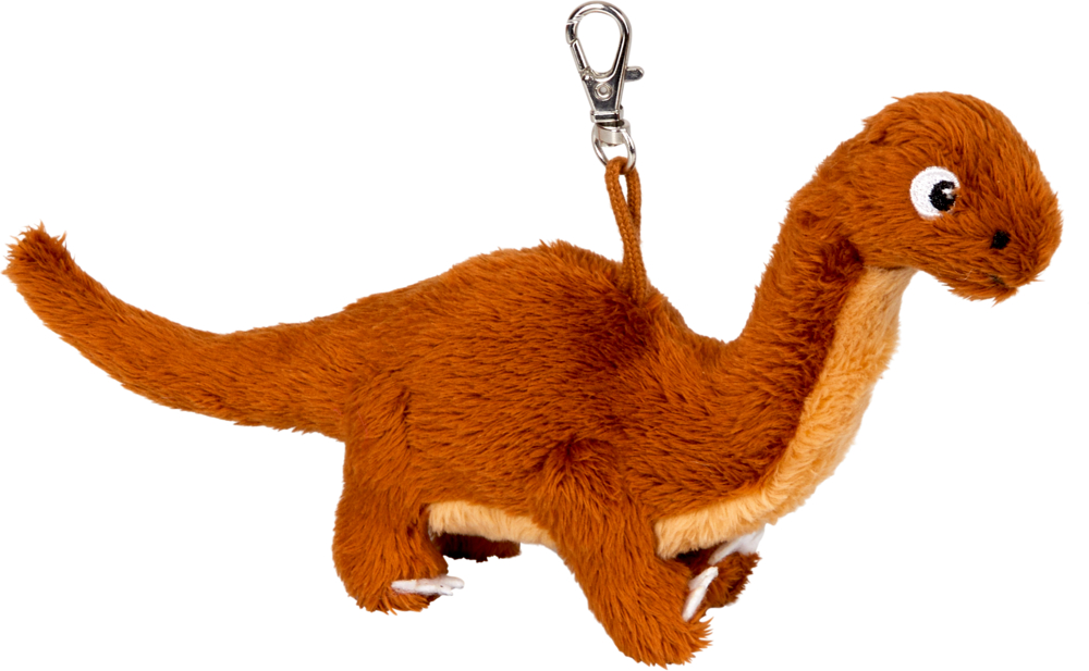 Brauner Plüsch-Dinosaurier-Schlüsselanhänger mit Metallverschluss am Rücken.