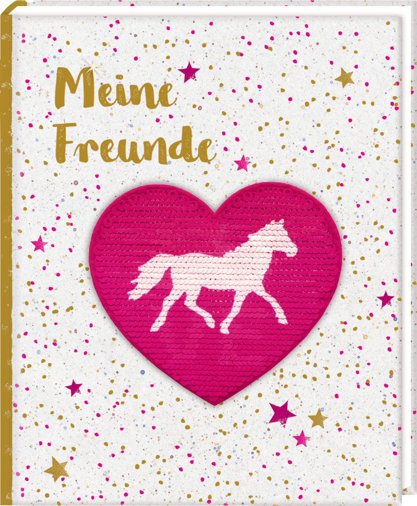 Buchcover: „Meine Freunde“, Herz mit Pferdesilhouette, goldenen und rosafarbenen Sternen und Punkten.