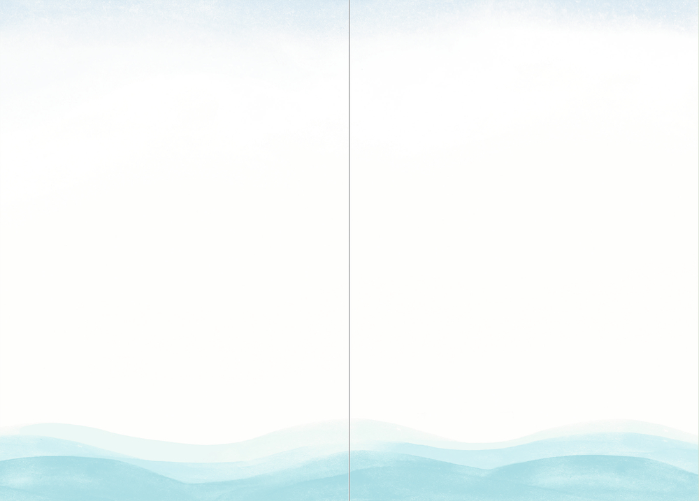 Unten hellblaue Aquarellwellen, darüber weißer Himmel und in der Mitte eine schwache vertikale Linie.