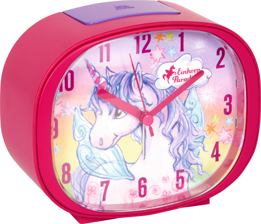 Pinkfarbener Wecker mit einer bunten Einhornillustration.
