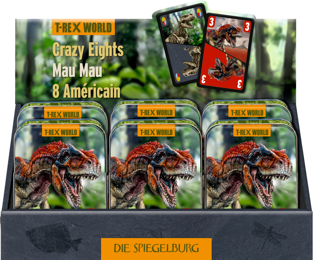 Displaybox des Kartenspiels „T-Rex World“ mit einem wilden T-Rex und zwei Spielkarten mit Dinosaurierbildern.